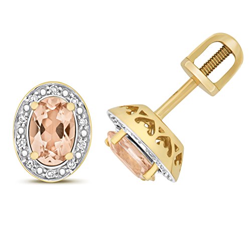 Boucles d'oreilles or femme diamant 0.06 carat et véritable morganite rose 10x7mm