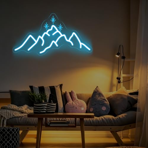Image of ACOTAR Neon Sign Mountain With Star LED Light Book Lover Gift | Starry Mountain Reading Nook Decoration USB Powered Dimmable Bookish Home Wall Room Deocr Ice Blue 17.7 inchx9.3 inch