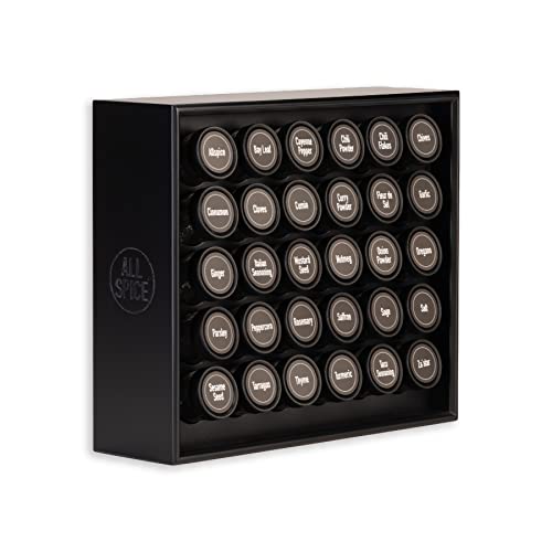 AllSpice Meuble à épices en bois noir mat, comprend 30 pots en verre, étiquettes et accessoires