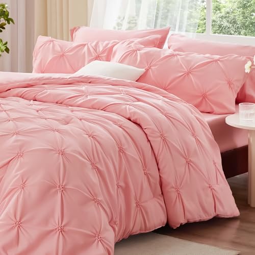 Image of BEDELITE Twin Comforter Set Pink,Lightweight & Soft Comforter | Pintuck Boho Bedding, Warm & Cute Bed Set for All Season,With 1 Pillowcase