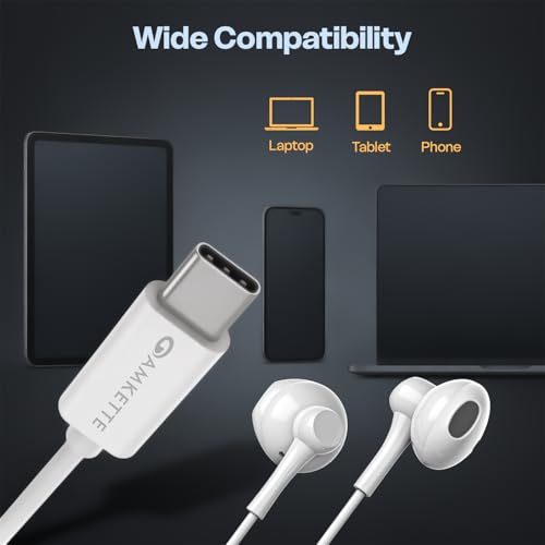 Image of Amkette Trubeats M11 Type C Earphones with Mic, 14mm Dynamic Drivers, 3 Button Control, AI Assistants, Ergonomic Earbuds Compatible with Smartphones, Tabs & Laptops, Type C Headphones,1.2m Cable White