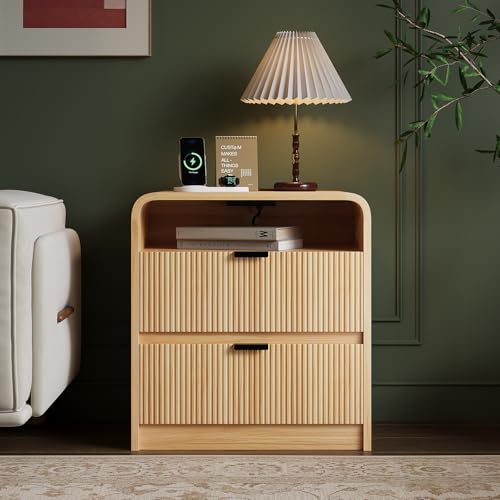 FURSUN 24″ Fluted Nightstand with Charging Station, Wooden End Table with 2 Drawers Storage, Curved Profile Design, Modern Bedside Cabinet for Bedroom, Natural Oak