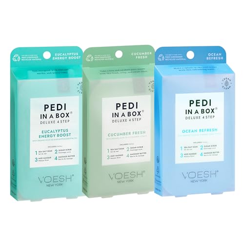 VOESH Pedi in a Box 4 Step Fresh Trio - 3 Pack of Ocean Refresh Eucalyptus Energy Boost & Cucumber Fresh Pedicure Set DIY Pedi Foot Spa