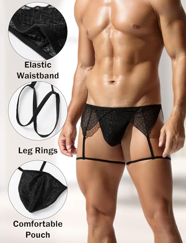 Panegy Mens Lace Thongs with Garter Skirt Set Transparent Pouch Bikini Lingerie Sexy Thong Panties 2 Piece2