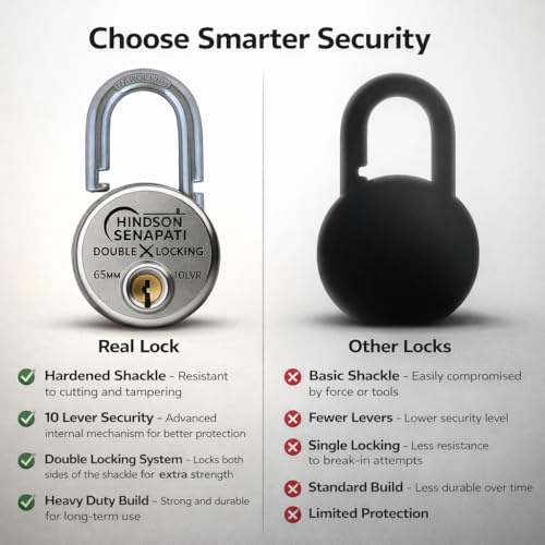 Image of Hindson Same Key Senapati 65mm Round Padlock, Pack of 4 with 16 Same Keys, Hardened Shackle, 10 Lever Mechanism, Heavy Duty, Double Locking Security Lock for Gates, Doors & Shutters (Silver)