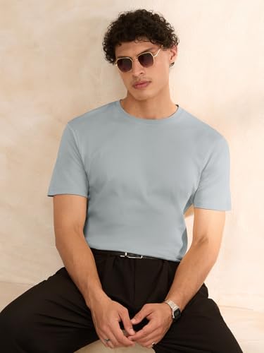 Image of The Souled Store Supima: Steel Men and Boys Short Sleeves Round Neck Solid Cotton Regular Fit Lightweight Breathable Long-Lasting Everyday Casual T-Shirt