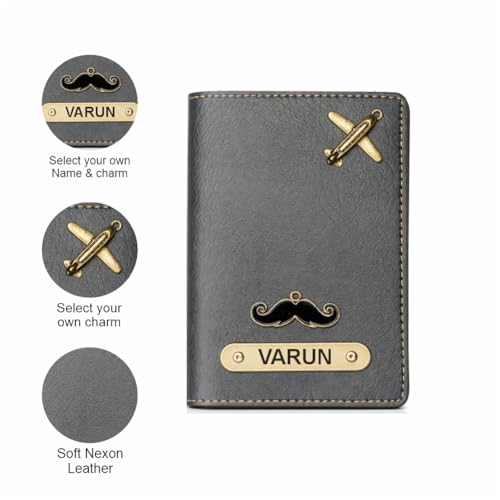 Image of Customized Couple Passport Cover Gift Set 2 Pcs | Personalized Leather Passport Covers with Name & Charm| Anniversary, Valentine, Birthday and Travel Gift (Grey)