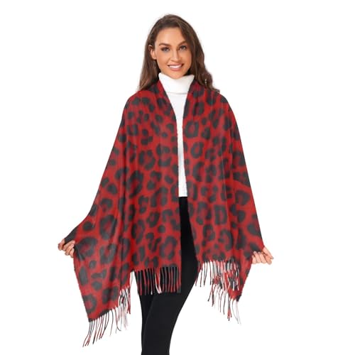 Cashmere Feel Scarf for Women-Red Black Leopard, Warm Soft Single-sided Print, Fashion Pashminas Shawl Wrap Large Size with Tassels
