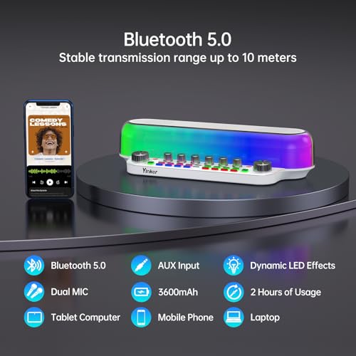 Yinker Audio Mixer Bluetooth Maschine mit 2 Kabellose Mikrofones Tragbarer Karaoke Lautsprecher, Live Sound Karte mit Bass/Höhen/Sound Effekte/OTG/AUX für Live Stream, Home Party, Outdoor
