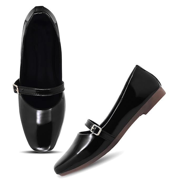 Women's Mary Jane Flats, Burgundy, Patent Leather, Square Toe, Buckle Strap-image-49