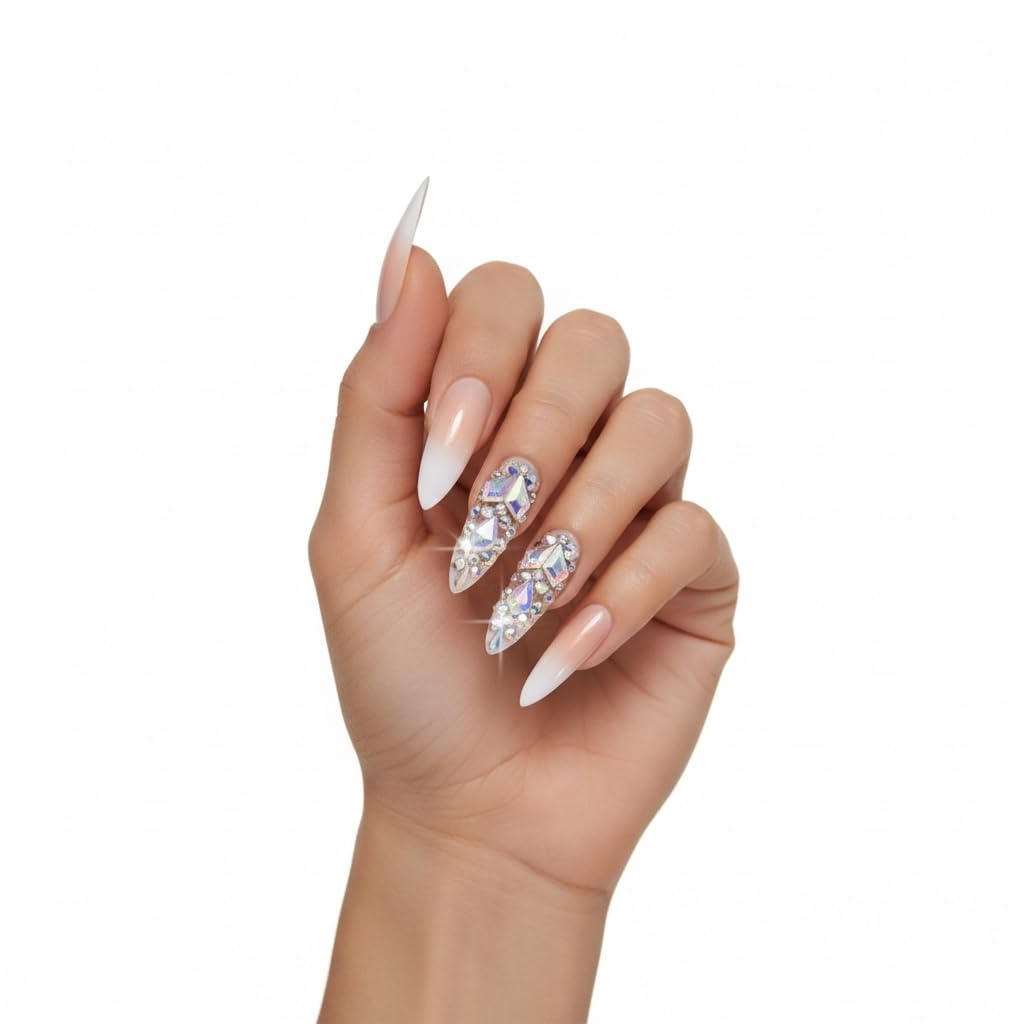 Natural Nude Pink Ombre White French 3D Crystal Design Press On Nails, Extra Long Sharp Stiletto Fake Nails with Rhinestones and Nail Glue, Reusable Nail Tips - Glue On Nails 24 Nail Kit, Ice Queen