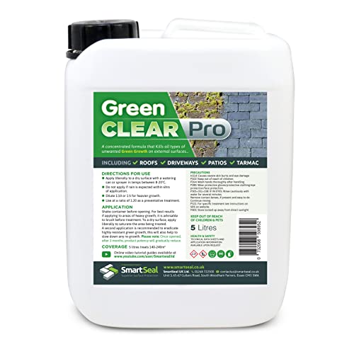 SmartSeal Green Clear Pro - 5L - Concentrated Biocide & Green Growth Remover. Spray-and-Leave Roof Tile Cleaner, Patio Cleaner & Algae Remover. For Use on Concrete, Wood, Decking & Stone
