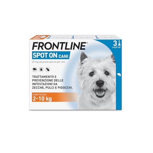 FRONTLINE Spot On, 3 Pipette, Cane Taglia S, 2-10 Kg, Antiparassitario per Cani e Cuccioli di Lunga Durata, Protegge da Zecche, Pulci e Pidocchi, Antipulci in Confezione da 3 Pipette