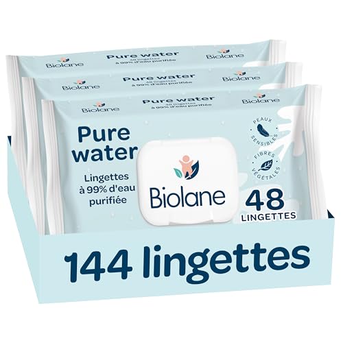 BIOLANE - Lingettes bébé nettoyantes Pure Water - 144 Lingettes - Lot de 3x48 - A l'eau Purifiée - Nettoie et protège - Corps et siège - Peaux Sensibles -...