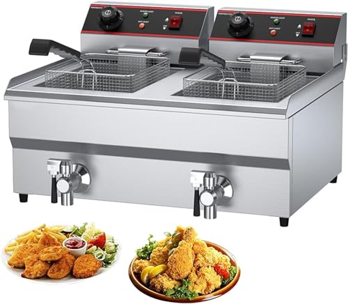 Kommerzielle Fritteuse, kommerzielle elektrische Fritteuse, 26 l, Doppeltank, schnelle Ölfritteuse für die Arbeitsplatte mit Körben, Abflüssen und Deckeln, einstellbare Temperatur, Edelstahl-Fritteu
