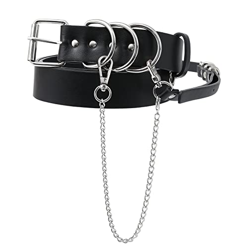 AWAYTR Women Leather Punk Waist Belt - Black PU Leather Adjustable Ladies Belts with Gold and Silver Buckle