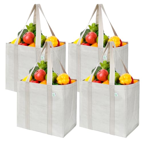 VENO 4 Pack Reusable Grocery Shopping Bag w/Hard bottom, Foldable,Multipurpose Heavy Duty Tote,Daily Utility bag (Set of 4)