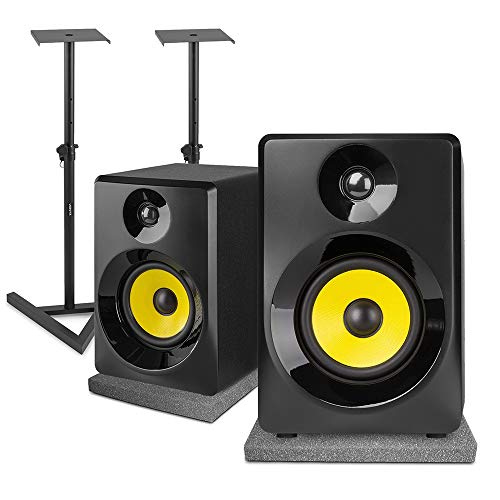 VONYX SMN50B Active Studio Monitors Set - Pair 5 Powered Speakers 140W with Adjustable Floor Stands and Acoustic Isolation Foam Pads for DJ Mixing & Home Studio Recording