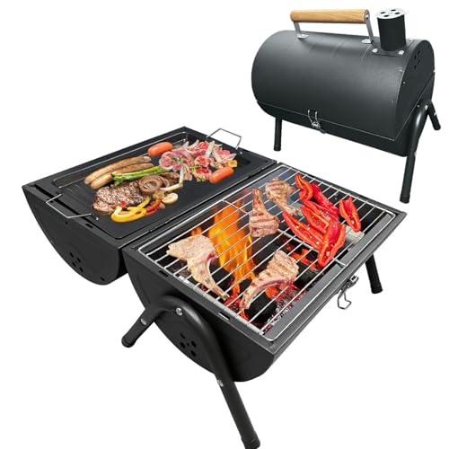 QQdou Charcoal BBQ Grill, Camping Portable With Offset Smoker, Small Oil Drum Barbecue with Cooking Grill, Air Vents and Baking Sheet, Ideal for Beach, Caravan, Garden, Party Barrel Barbeque-Black