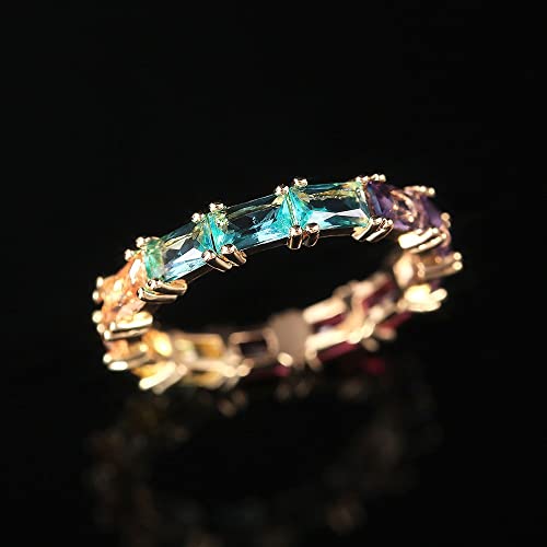 14K Gold Plated Rainbow Baguette Cubic Zirconia Ring Multicolor Square Crystal Eternity Finger Ring for Women Anniversary Birthday Jewelry Gift Size 6-103