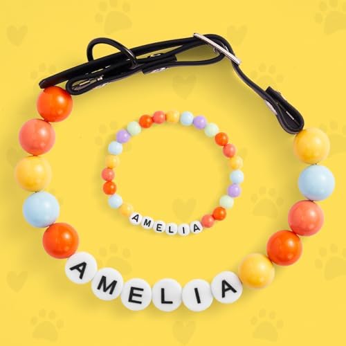 Personalized Beaded Dog Collar Custom Pet Name & Letter, Upgraded Adjustable Large Beaded Friendship Necklace Collar for Dogs & Cats with Free Matching Bracelet, Custom Gifts for Pet Owners Mom Dad