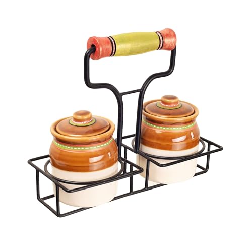 Image of AAKRITI ART CREATIONS Dual Elegance Ceramic Barni with Metal Stand | Ceramic Achar ki Barni & Mukhwas Box | Handcrafted Wali Art Storage Jar for Spice & Pickle | Traditional Achaar Barni for Kitchen