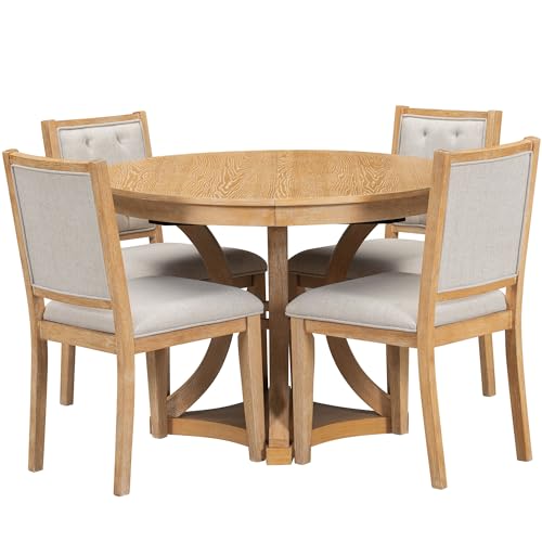 Image of Bellemave Extendable Dining Table Set for 4, 5-Piece Retro Round Table Set with 4 Upholstered Chairs, Round Table with a 16 inch W Leaf, Oval Kitchen Table Set with Extendable Table (Natural)
