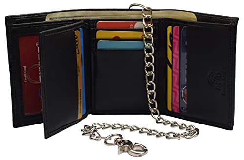Men's RFID Blocking Premium Leather Chain Trifold Wallet (Black with Chain)3