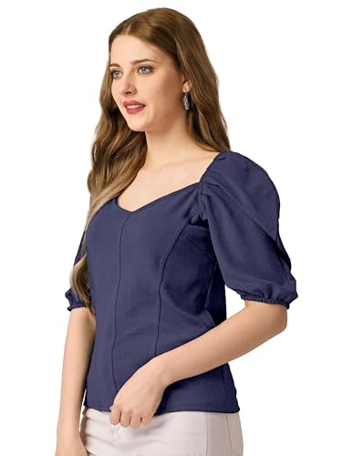 Image of Mehrang Women's Solid Ribbed Crop Tank Top Ribbed Tops for Women V-Neck 3 /4th Balloon Sleeves