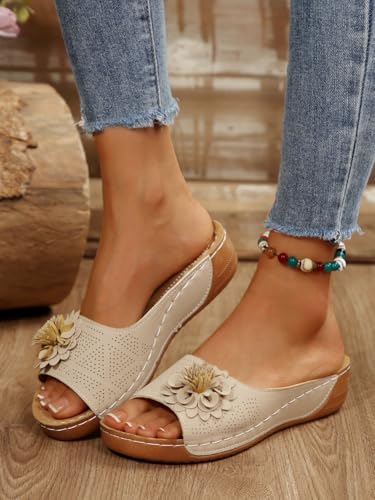 Rungion Womens Summer Beach Sandals Wedge Low Open Toe Slides Ladies Dressy Sandals Slipper Platform Comfortable Flower Sandals3