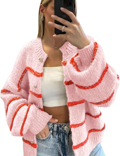 Image of QIBABU Womens Striped Cardigan Sweaters Casual Open Front Long Sleeve Button Down Knit Outwear
