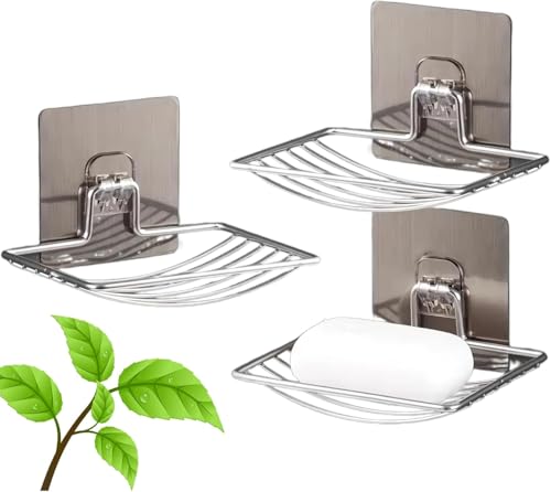 Image of 3Pcs Soap Holder Set Single Layer Stand for Bathroom Kitchen Sink with Self Adhesive Sticker Rack Hanging Waterproof Box Case Self Draining Stickable-Stainless Steel Silver Chorme (3)