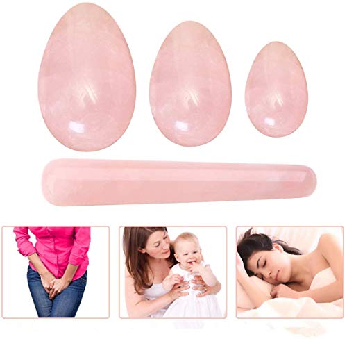 Lanchamp Yoni Egg, 3 Uova Di Giada Al Quarzo In Cristallo Di Rosa Forate E 1 Bastoncino Da Massaggio, Rafforzano I Muscoli Del Pavimento Pelvico, Per Le Donne Kegel Esercizio Rosa
