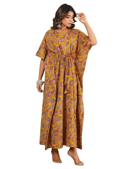 Shri Ganesh Impex Maxi Kaftan for Women, Pure Cotton Nighty, Loungewear Kaftan | Hand Block Printed Women Nighty | Free Size Orange-image-5