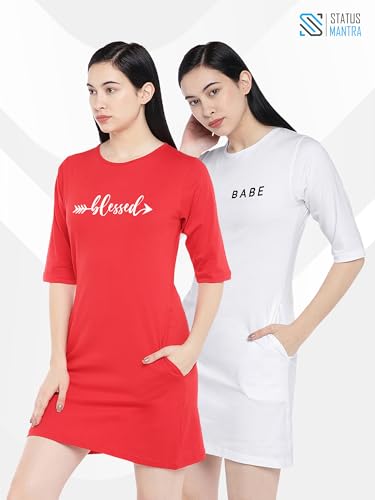 Image of STATUS MANTRA Long T-Shirt Dress for Women - Cotton Knee Length T Shirt Top | 3 /4th Sleeves, Soft Bio-Washed Fabric | Stylish Regular Fit Crew Neck