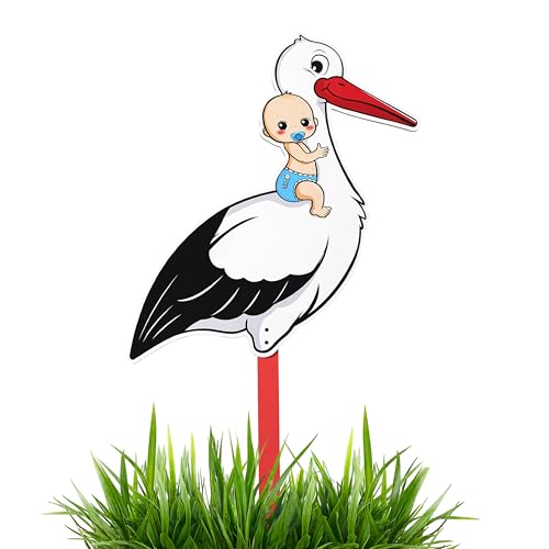 Klapperstorch 88 cm | Geburtsstorch inkl. Holzstab | Storch Geburt für Draussen & Drinnen | Geburtsgeschenk (boy)