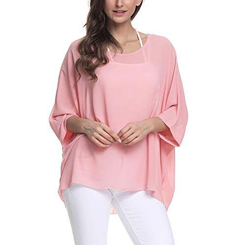 Image of Ckikiou Plus Size Batwing Flowy Semi Sheer Chiffon Blouse Tunic for Women Summer Floral Print Boho Beach Cover ups