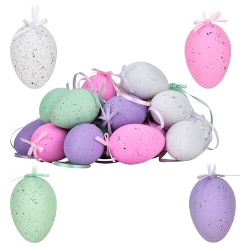 Lot de 24 œufs de Pâques en plastique avec rubans, décoration de Pâques parfaite à suspendre en plein air, 4 couleurs, rose, violet, blanc, vert clair, 6...