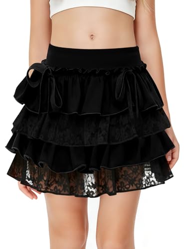 Girls Ruffle Tiered Mini Skirt Kids Cute Bowknot Lace Trim Lolita Skirts with Shorts 5-14 Years Black