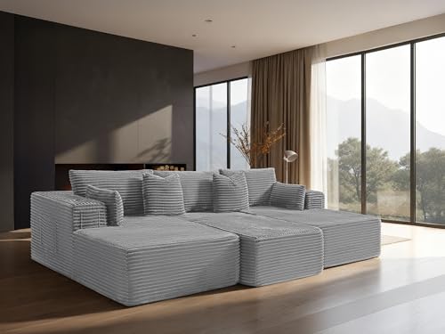 Image of 108 inch Cloud Sectional Couch, Comfort Sleep Sofa for Living Room, Extra Deep Seats No Assembly, Minimalist Modular Couch, Corduroy (Light Grey, Widen Loveseat Chaise)