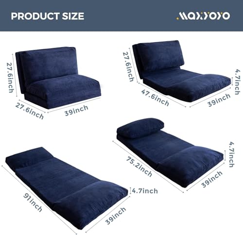Image of MAXYOYO Folding Sofa Bed, Extra Thick and Long Floor Sofa Convertible Chair with Washable Cover, Floor Couch Lounge Bean Bag Bed for Living Room, Navy, 39x91 Inch