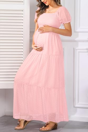 Image of Off The Shoulder Maternity Dress for Baby Shower - Women's Boho Swiss Dot Smocked Puff Sleeve Maxi Dress