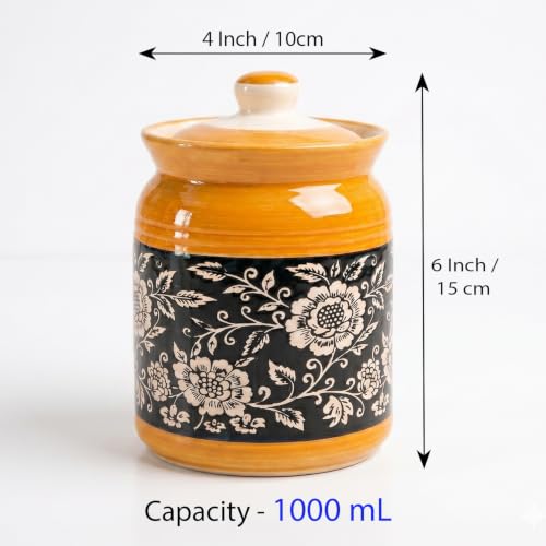 Image of D'Maiolica Ceramic Handmade Pickle Jars in 1000ml (set of 2) | Floral Bale 1 kg Achaar Martban | Ceramic Jadi for Kitchen Storage (Set of 2) | Jars for Achar, Spices, Salt (Yellow Black Full Floral)