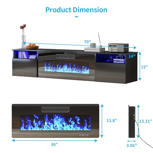 TABU 70" Floating TV Stand with 36" Electric Fireplace Heater, High-Glossy Entertainment Center& Media Console with LED Ambient Light, for TVs Up to 80",Wall-Mounted, Black