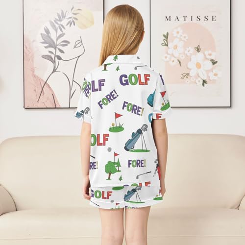 Satin Pajama Sets Short Sleeve Golf Themed Pattern Prints Button Down Silky Nightwear 2 Piece PJS 5-14Y4