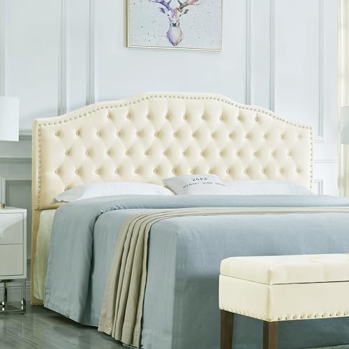 Cream Velvet Button Tufted King Headboard with Nailhead Trim