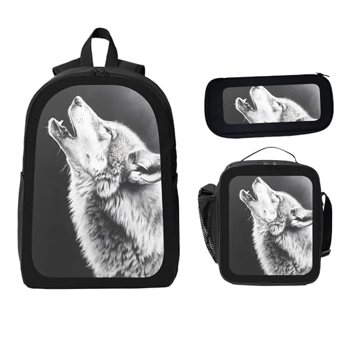 Howling Moon Wolf Grey 3 Pcs 17 Inches Backpack Set with Insulated Lunch Bag And Pencil Pouch Large Back Pack for Men Women Lunchbox Pencil Case Waterproof Backpacks Lunch Box 3 Piece Daypacks2