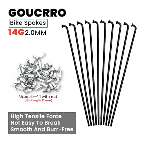 Goucrro 14G Bike Spokes 2mm Bicycle Spokes MTB Road Bike Wheels Black Spokes Steel 76mm-305mm with Nipples 38pcs(Black,14G-276mm)