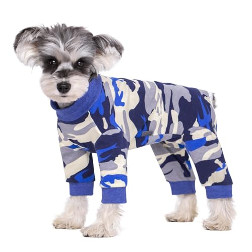 BT Bear Small Dog Clothes, Jumpsuit Soft Cotton Puppy Pajamas PJS, Cute Sleeping Clothes Four Legs Apparel for Cats Blue Camo L