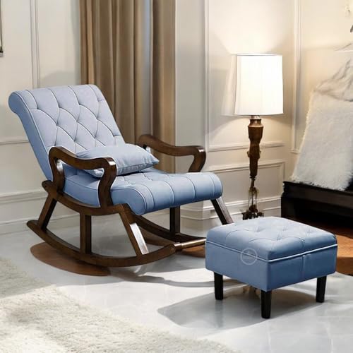 Image of Solid Sheesham Wood Rocking Chair for Living Room with Footrest and Pillow | Ergonomic Resting Chair with Ottoman for Relaxing and Pregnant Women (Lite Blue)